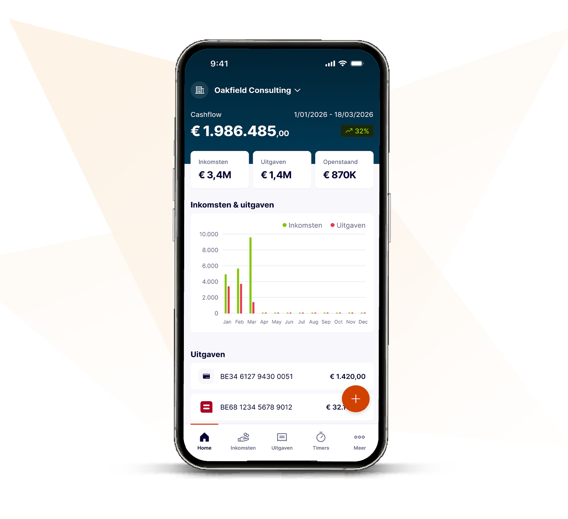Schermafbeelding van Billit — Mobile app dashboard with cashflow overview