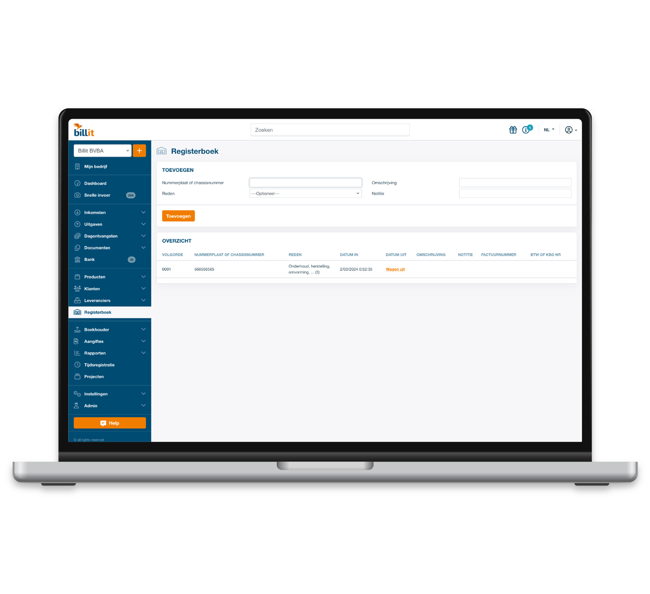 Schermafbeelding van Billit — Register book screen on laptop