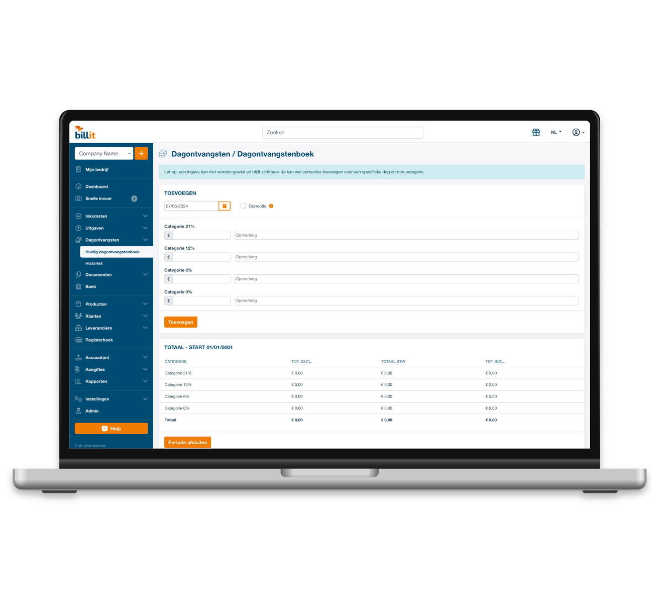 Schermafbeelding van Billit — Daily receipts ledger