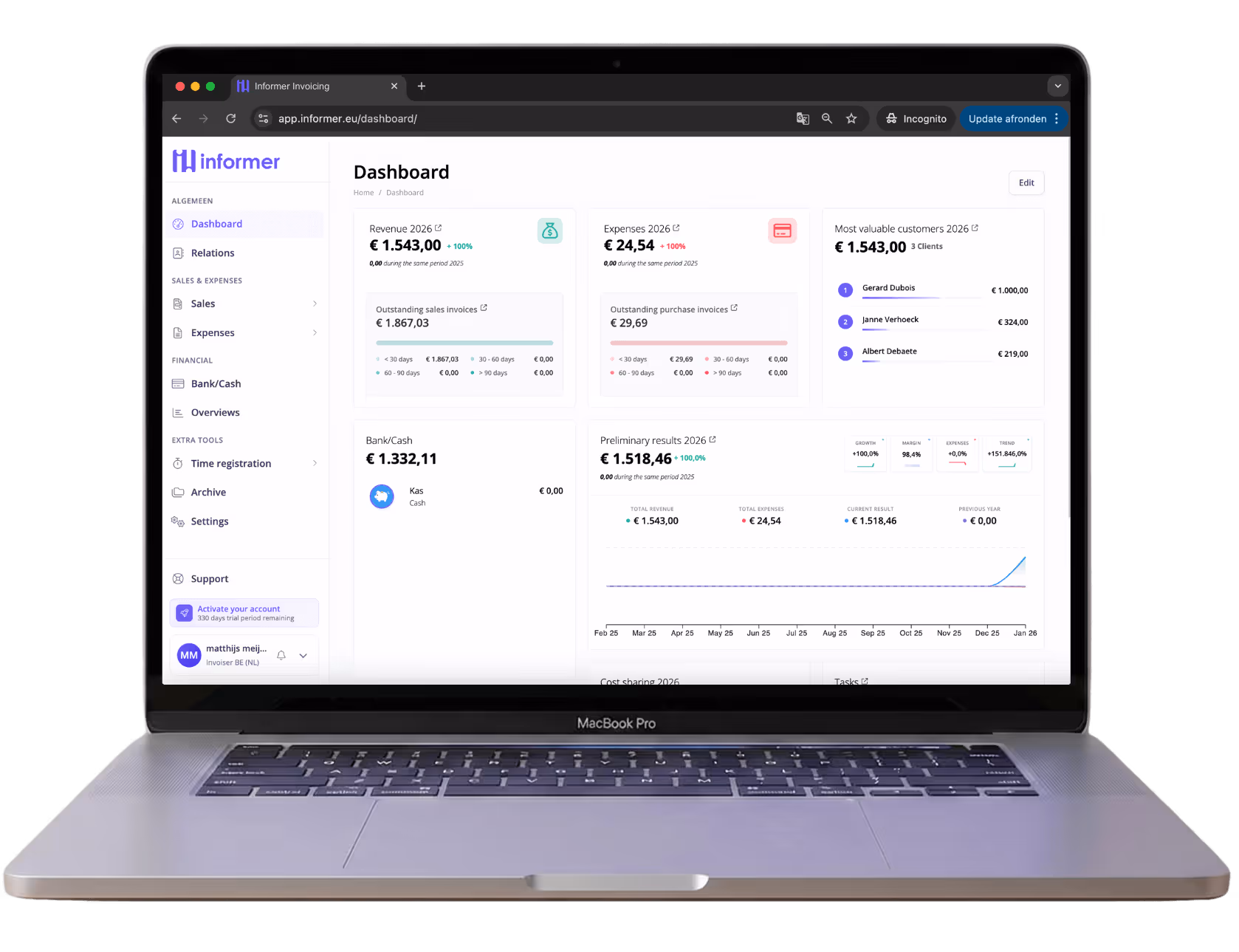 Schermafbeelding van Informer Invoicing — Dashboard on laptop